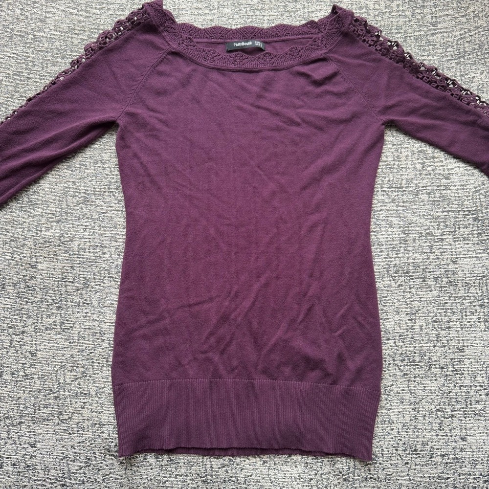 Y2K Britney Plum Thin Knit Sweater Lace Cutout Sleeve Boho Romantic XS S Soft